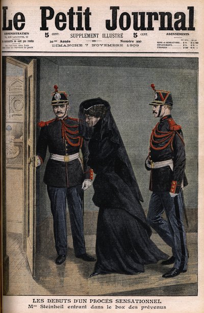 Steinheil-sag: Marguerite Steinheil (1869-1954) på vej ind i sagsøgtes kasse - Le Petit Journal, 7. november af French School