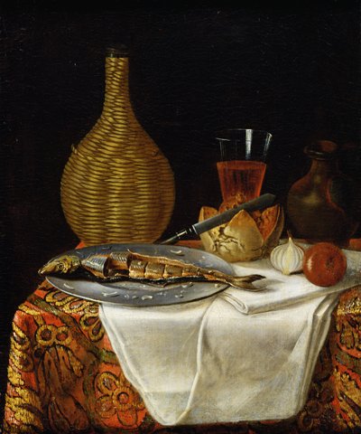 Stilleben af en sild og kolbe af French School