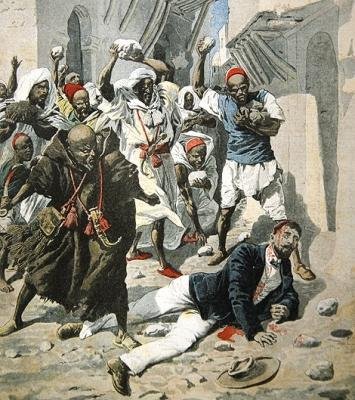Stening ihjel Doctor Emile Mauchamp i Marrakesh, forsideillustration af Le Petit Journal, 7. april, 1907 af French School