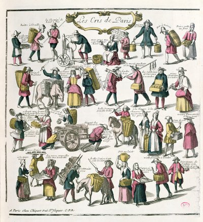 Gadesælgere i Paris, slutningen af det 17. århundrede (farvegravering) af French School