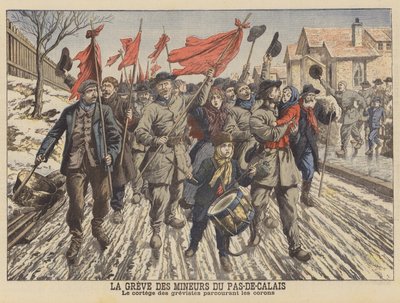 Strejke fra minearbejderne i Pas-de-Calais, Frankrig (farve litho) af French School
