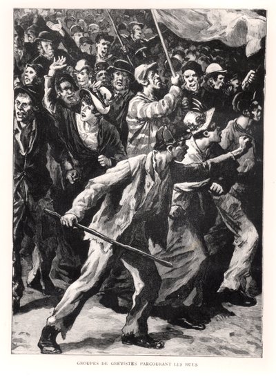 Strejkere demonstrerer på gaderne i Chicago under Pullman-optøjerne i 1894, ca. 1895 af French School