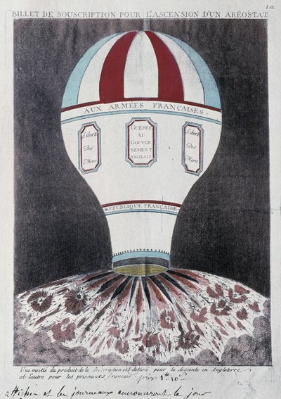Abonnementsbillet til fremkomsten af en aerostat for at invadere England, deb. 19. århundrede af French School