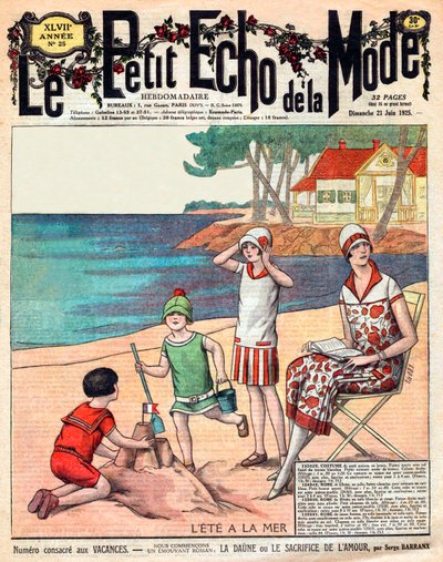 Sommer ved havet, kvinde med sine tre børn på stranden af French School