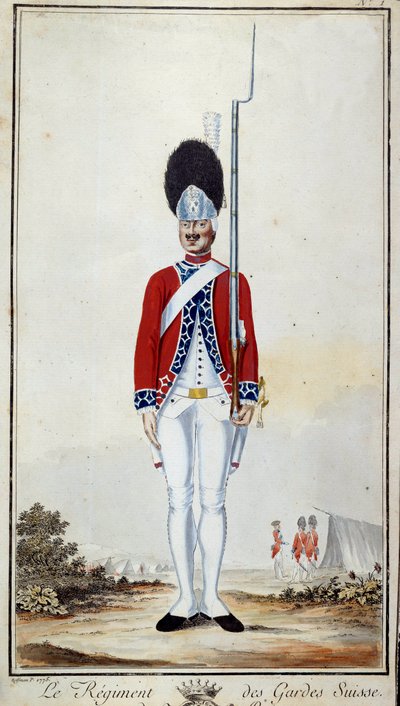 SwissGuard. Tavle 16 i ""Kompendium af militæruniformer af franske tropper under Louis XVI"" Litografi fra 1779. Dim. 0,23x0,16 m. Paris, hærmuseet af French School