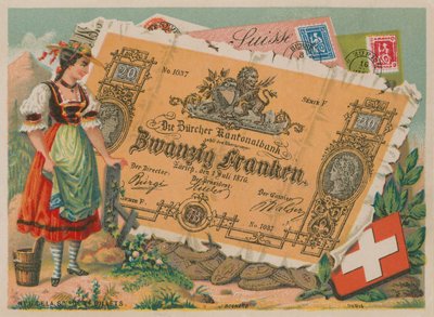 Schweizisk pige i traditionel dragt og 20 Francs seddel af French School