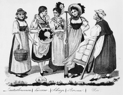 Schweizer Frauen in traditioneller Tracht von French School