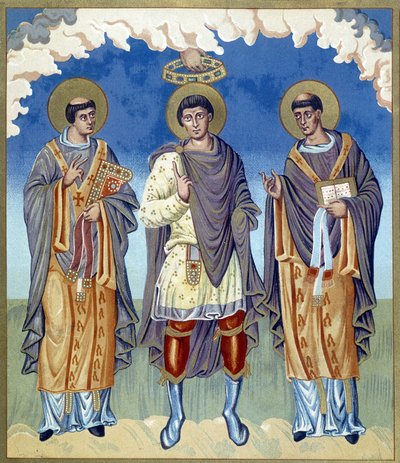 Symbolsk kroning af en francprins omgivet af religiøse. Illustration taget fra "Frankrig i det 9. århundrede". af French School