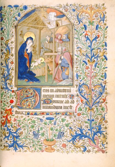 T.2629 Ms 63 f.55r Fødselen (brug af Paris) c.1460 af French School