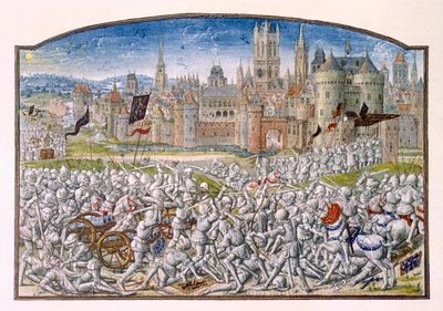 T.2 fol.287 Gents indbyggeres sejr ledet af Philipp van Artevelde før Brugge i 1381, fra Froissarts Chronicle, 1472 af French School