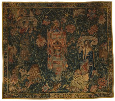 Tapestry, Jumala, Isä ilmestyy Moosekselle (yksi kuudesta Sibylistä, jotka sisältävät 46.134-46.139), nimeltään "Rothamsted Tapestries", valmistettu Flanderissa, Tourneissa tai Brysselissä, Belgiassa, noin 1530 (villa) af French School