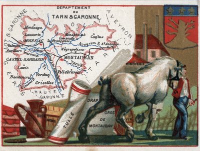 Tarn et Garonne (82), Mid-Pyrénées, Frankrig. Lokal specialitet: olie, stivelse, tyl, engros Montauban-plader, vin- og melmølle. Serie om de franske departementer. Chromolithography (Chromo) "" den geografiske tråd"", cir af French School