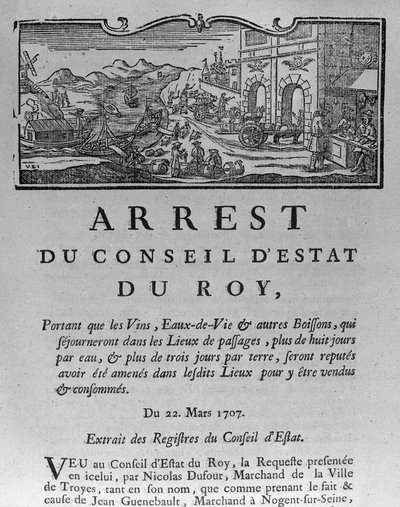 Skattekontor ved indgangen til en by for vin og spiritus, dekret fra statsrådet 22. marts 1707, fra registre for statsrådet i Paris, 1739 (se 163952 for af French School