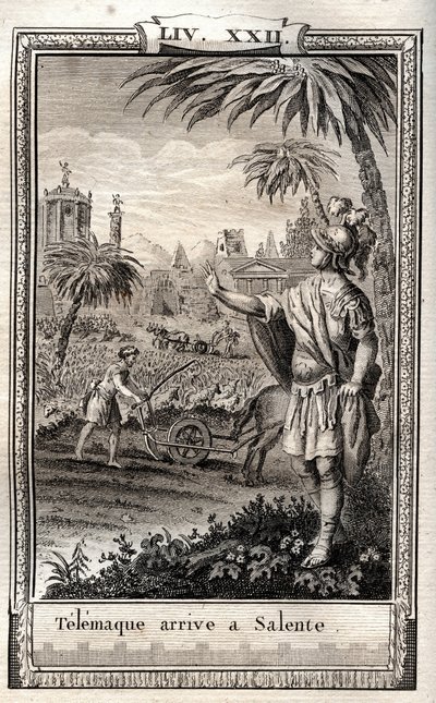 Teemaque vender tilbage til Salente (Salento) - indgravering af 1798 af Monnet i "Les Aventures de Telemaque, fils d