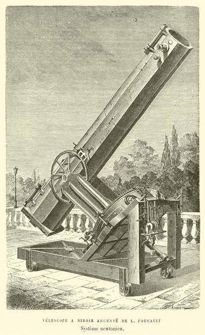 Silver Mirror Telescope af L Foucault, Newtonsk system (gravering) af French School