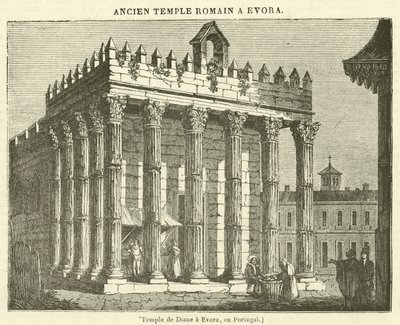 Dianes tempel i Evora, i Portugal (gravering) af French School