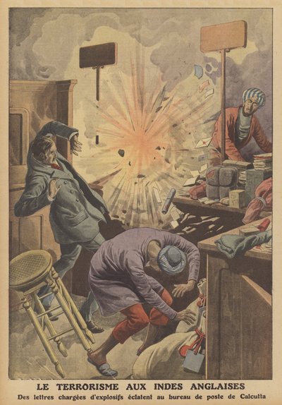 Terrorisme i Britisk Indien (farve litho) af French School