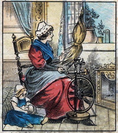 Tekstil, hør. En kvinde bruger et mekanisk spindehjul til at spinde linned. Gravering. Epinal billeddannelse sidst i det 19. århundrede. af French School