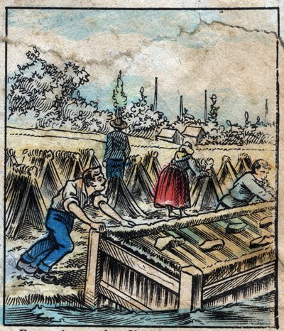 Tekstil, hør. Hørrust: For at adskille halmfilamenter dyppes hørstøvler i vand. Gravering. Epinal billeddannelse sidst i det 19. århundrede. af French School