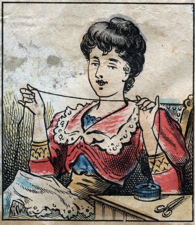 Tekstil, hør. Kvinde, der bruger kapsler til at bruge sytråd. Gravering. Epinal billeddannelse sidst i det 19. århundrede. af French School