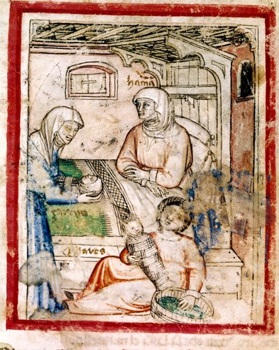 Thamar (Tamar) føder to tvillinger, Perets og Zerah, søn af Juda, miniature fra codex 212 (eller padovano codice eller Bible of Padua) 1390-1400 af French School