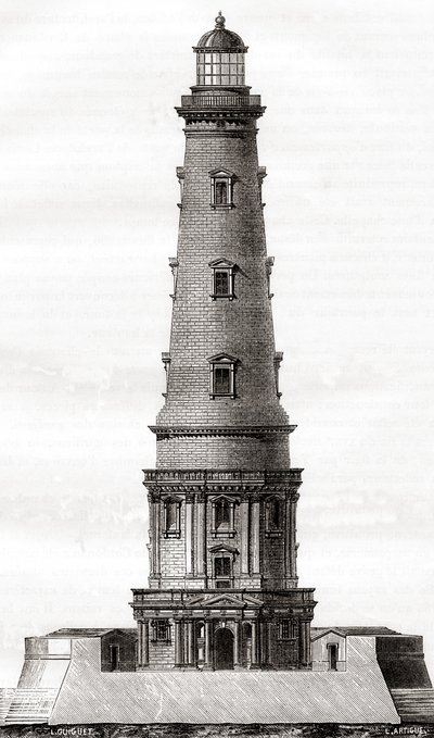 Det 17. århundrede Cordouan fyrtårn, nær mundingen af Gironde-mundingen i Frankrig, set her efter dets udvidelse i det 18. århundrede, fra Les Merveilles de la Science, udgivet ca. 1870 (gravering) af French School
