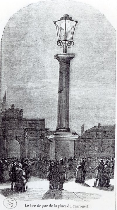 Den 1. gaslampe i Paris på Place du Carrousel i 1818 af French School