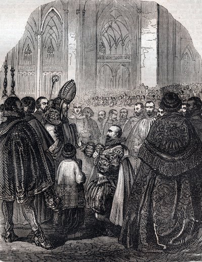 Afsættelsen af Henrik IV, konge af Frankrig ved Saint Denis den 25. juli af French School