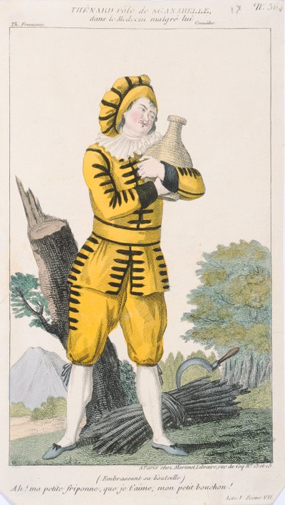 Skuespilleren Thenard i rollen som Sganarelle på stykket Le Medecin Malgre Lui, produceret i Paris på Comedie Francaise, begyndelsen af det nittende århundrede af French School