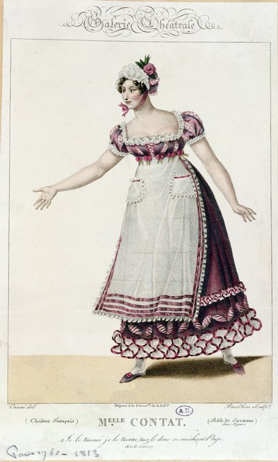 Skuespillerinden Mademoiselle-kontakten i rollen som Suzanne i Figaros ægteskab af Pierre Augustin Caron de Beaumarchais (1732-99) af French School