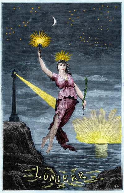 The Allegory of Light - Allegorie de la Lumiere - Indgravering i "Videnskaber gjort tilgængelige for alle - fysik og kemi" af Alexis Clerc - Slutningen af det 19. århundrede - Privat samling af French School