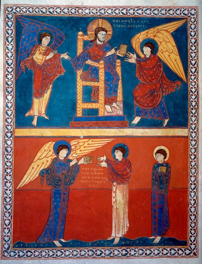 Englen modtog Herrens bog og overrakte den til Saint John Miniature fra kommentarerne til "Åbenbaringen ifølge Saint John" skrevet i 775 af munken Beatus af Liebana af French School