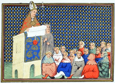 Ærkebiskoppen af Canterbury prædiker for den engelske adel mod Richard II, faksimilekopi fra Le Prinse et Mort du Roy Richart af Jean Creton, genoptrykt 1800-tallet af French School
