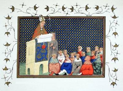 Ærkebiskoppen af Canterbury prædiker for den engelske adel mod Richard II, faksimilekopi fra Le Prinse et Mort du Roy Richart af Jean Creton, genoptrykt 1800-tallet af French School