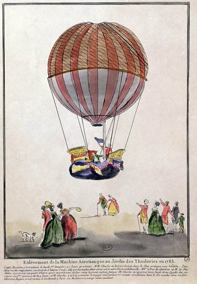 The Ascent of the Aerostat in Jardin des Tuileries, 1. december, 1783 (pen & blæk og wc på papir) af French School