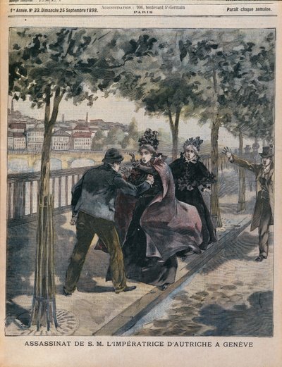 Mordet på Elizabeth (1837-98) Kejserinde af Østrig i Genève, forside af LANnee Illustree, 25. september 1898 (farvestik) af French School