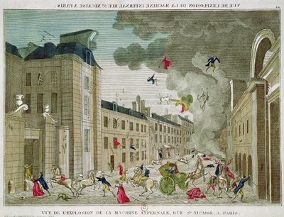 Attentatforsøg på Napoleon Bonaparte (1769-1821) på Rue Saint-Nicaise, Paris, 24. december 1800 (farvestik) af French School