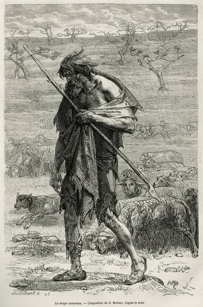 Den australske hyrde, indgraveret efter en tegning af D.Maillart, for at illustrere historien seks måneder i Australien, af Desire Charnay, en missionsopgave fra Ministeriet for Offentlig Undervisning, i 1878, offentliggjort i tour du monde, under ledelse  af French School