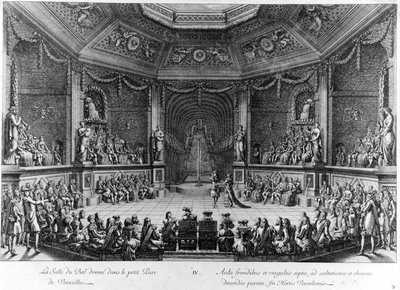 Balsalen givet i den lille Parc de Versailles, gravering 1678. af French School