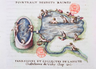 The Baths at Vichy, fra Generale Description du Bourbonnais af Nicolas de Nicolay (1517-83) 1569 (wc på papir) af French School