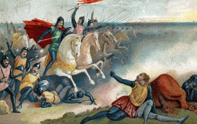 Slaget ved Hastings den 14/10/1066 mellem Sakserne af Harold II og Norman Armee (William I Erobreren). Kromolitografi i slutningen af det 19. århundrede. af French School