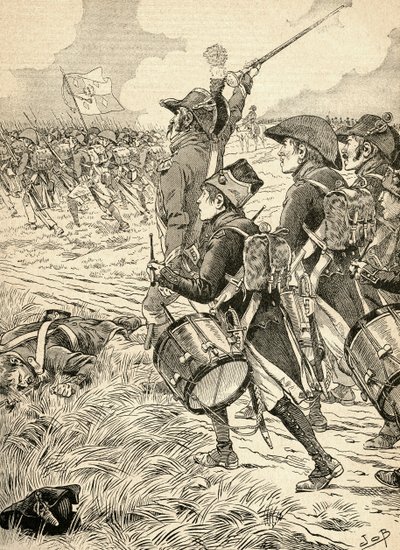 Slaget ved Marengo, Italien i 1800, kæmpede mellem de franske styrker under Napoleon Bonaparte og østrigerne. Fra Agenda Buvard du Bon Marche udgivet 1917. af French School