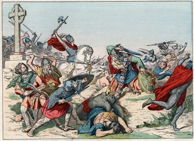 Slaget ved Poitiers den 25. oktober 732 vundet af Charles Martel - Slaget ved Poitiers, 25. oktober 732, vundet af Charles Martel (688-741) - Indgravering af slutningen af det 19. århundrede i "" Nos Gires Nationales - Images et recits ”” af French School