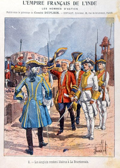 Briterne overgiver Madras til den franske kommandant Mahe de la Bourdonnais 21. september 1746, omslag til skoleøvelsesbog, ca. 1900 af French School