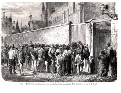 Kapucinerne i rue de la Sante distribuerer den daglige suppe til de fattige, fra Le Monde Illustre, 1860 af French School