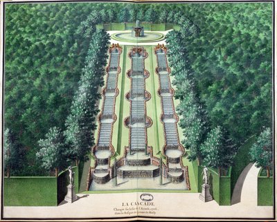 Cascade, ændret i slutningen af 1706, i lunden på bakken, fra Gardens of Marly, begyndelsen af det 18. århundrede (wc på papir) af French School