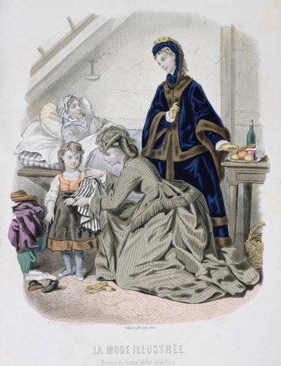 The Charitable Visit, illustration fra La Mode Illustree, ca. 1870 (farvegravering) af French School