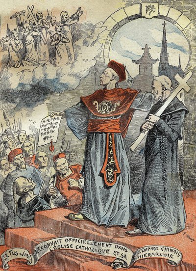 Den kinesiske kejser Guangxu (Kouang-siu eller Kouang Siu) (1872-1908) anerkendte officielt den katolske kirke og dens hierarki. Indgravering i "" Le Pelerin"" 25/05/1899. af French School