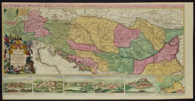 Donaus løb fra dens udspring til dens mund, baseret på de seneste erindringer fra P. Coroneli og S. Sanson, geograf til kongen (farve litho) af French School