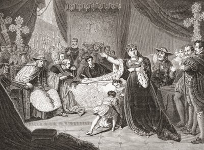 Court for the Trial of Queen Katharine af George Henry Harlow, der skildrer fru Siddons som dronning Katharine i Shakespeares Henry VIII. Fra Histoire des Peintres, École Anglaise, udgivet 1867 (litho) af French School